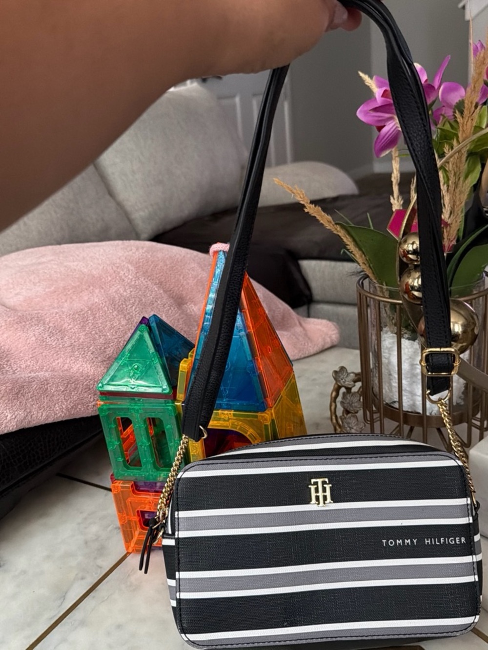 Tommy Hilfiger Black and White Striped Crossbody Camera Bag